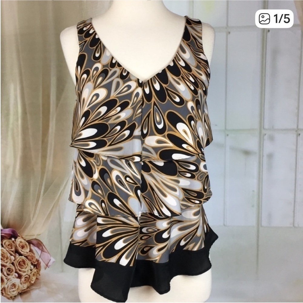 New York & Company Black and Gold Patterned Blouse S